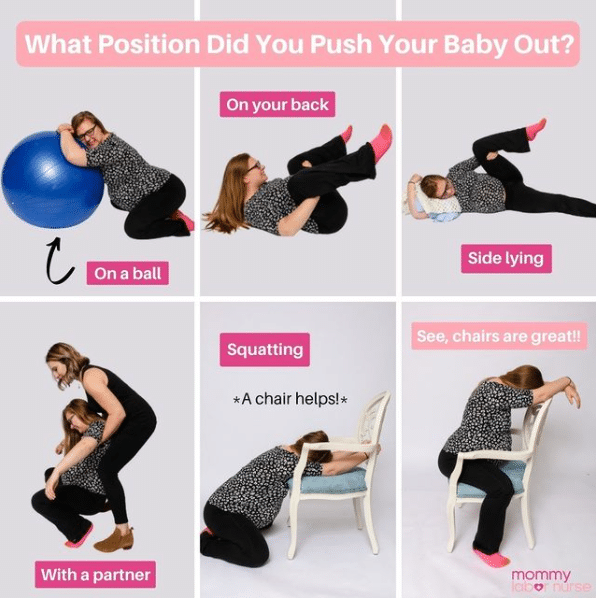 labor pushing positions infographic, birth pushing positions ingrographic, pushing during labor, pushing during birth